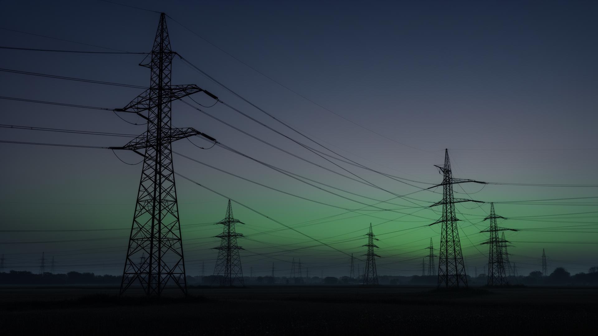 High-voltage transmission towers at dusk